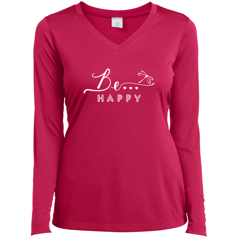 Be... Happy Ladies Long Sleeve V-Neck Tee