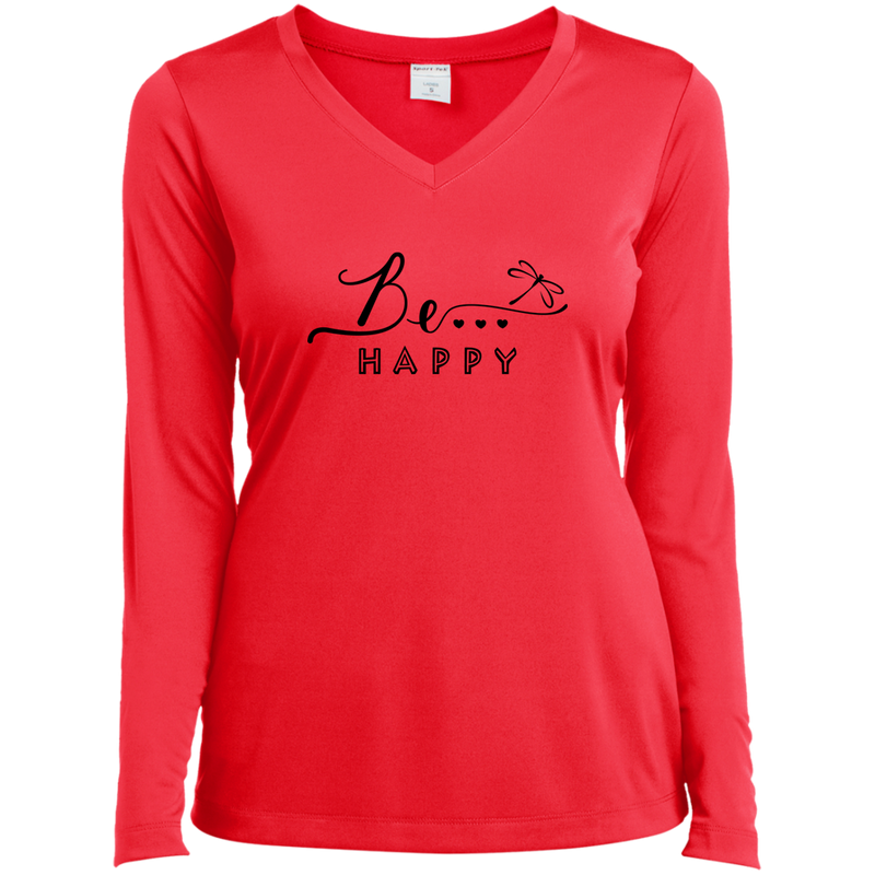 Be... Happy Ladies Long Sleeve V-Neck Tee