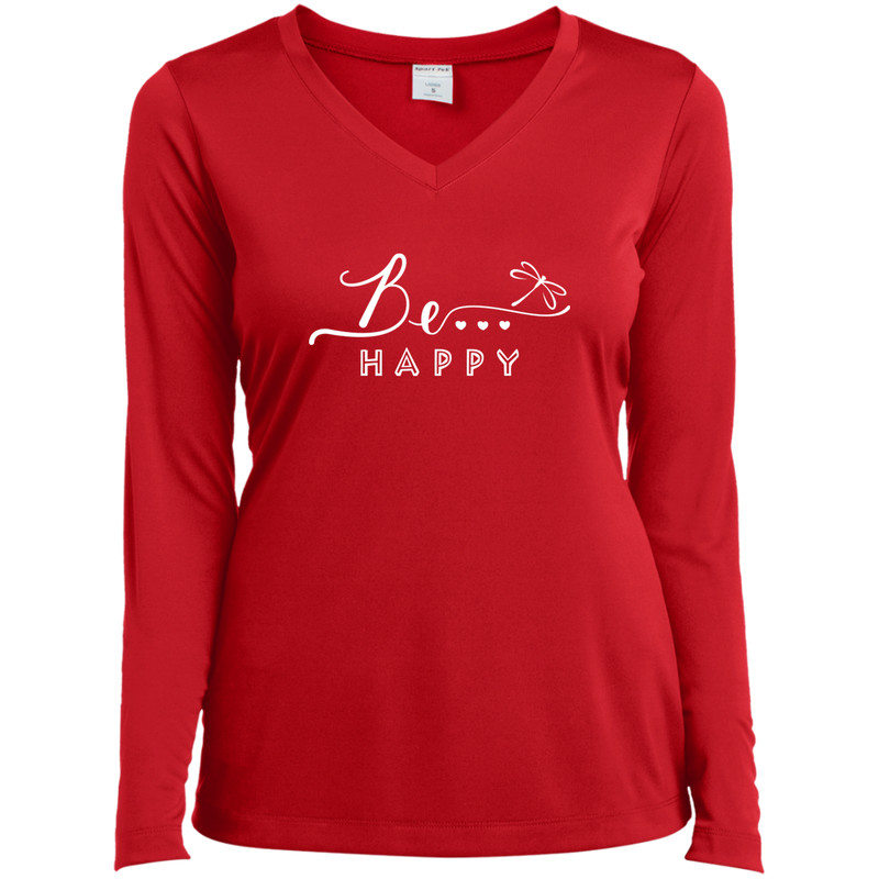 Be... Happy Ladies Long Sleeve V-Neck Tee